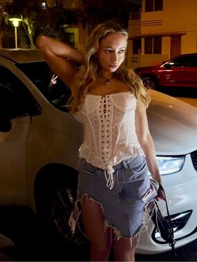 Lioness White Eyelet Lace-Up Corset Top Size S